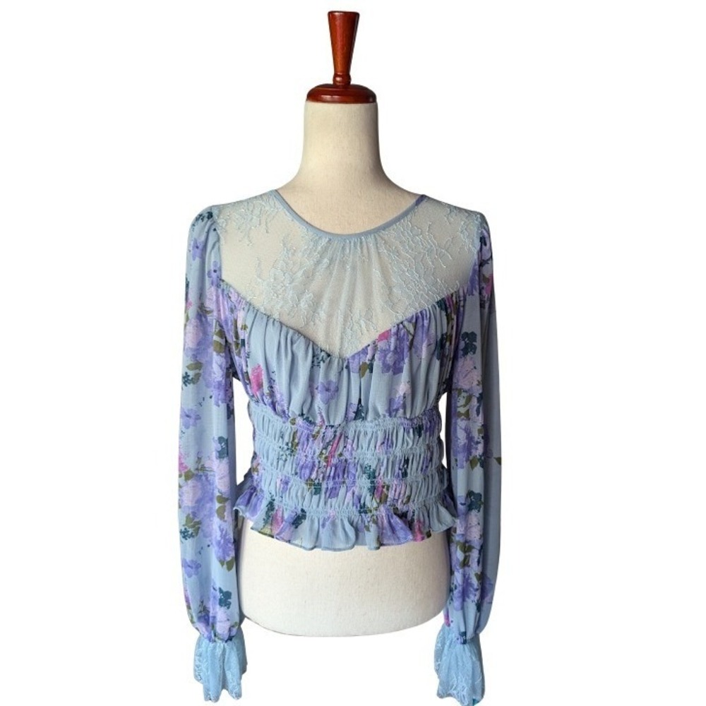 Free People Daphne Blouse Blue Floral Lace Smocked Long Sleeve‎ Top Womens SZ M